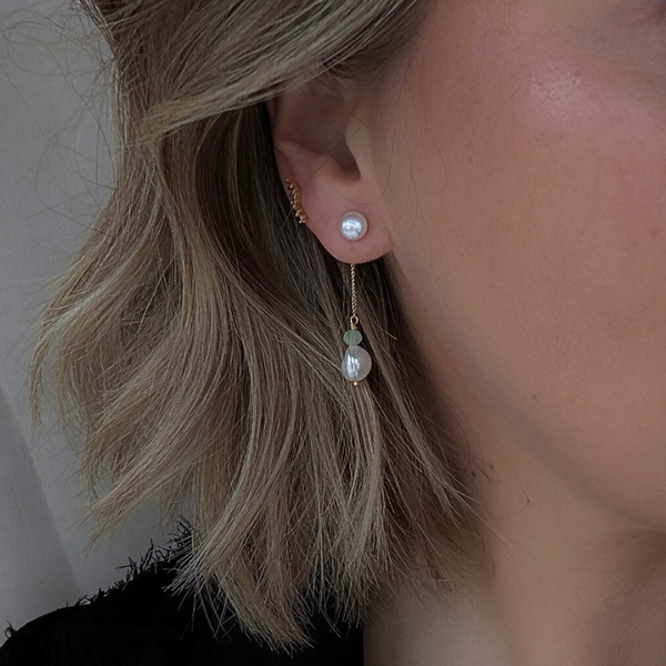 Behind ear vedhæng til ørering med lås så du kan sætte den på din ørestik. Behind ear vedhæng har en ferskvandsperle og en grøn sten der hænger i en kæde bagved øret.